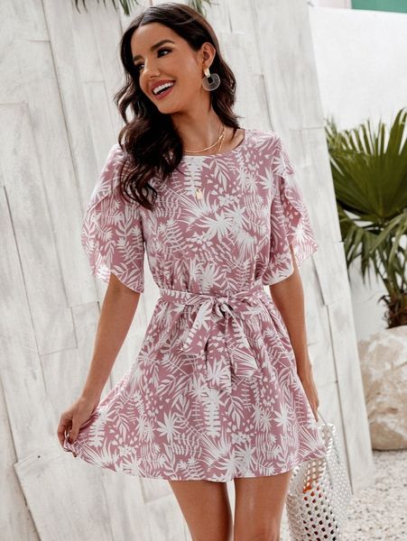 

tropical print petal sleeve belted dress y26l#, Black;gray