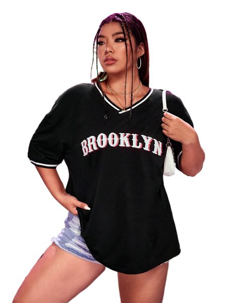 

plus letter graphic striped trim drop shoulder tee 44af#, Black