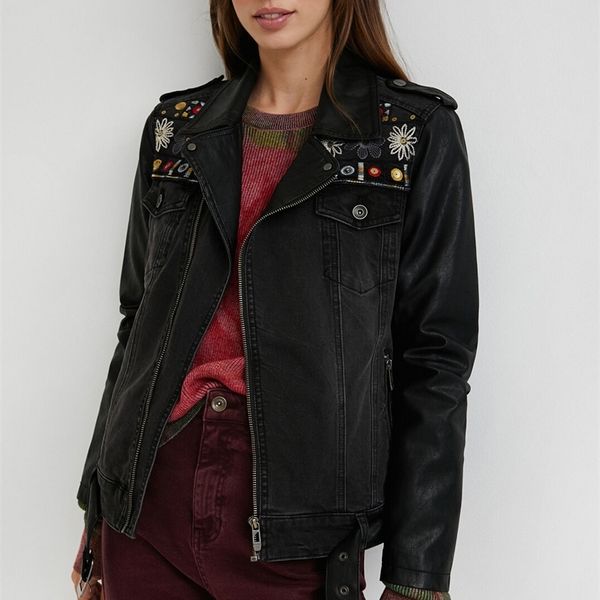 

embroidered stitching pu denim jacket 220816, Black