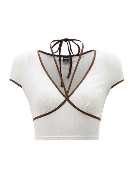 

rib-knit contrast binding tie back crop tee r5r9#, White