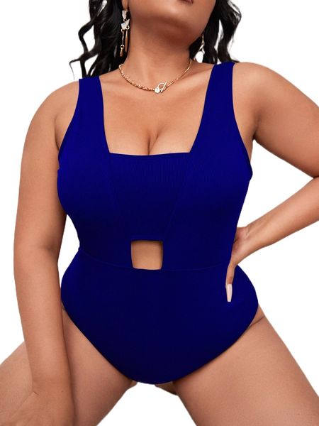 

plus plain rib cut-out one piece swimsuit o1cv#, White;black