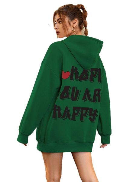

heart & slogan graphic drop shoulder drawstring oversized hoodie b8nn#, Black