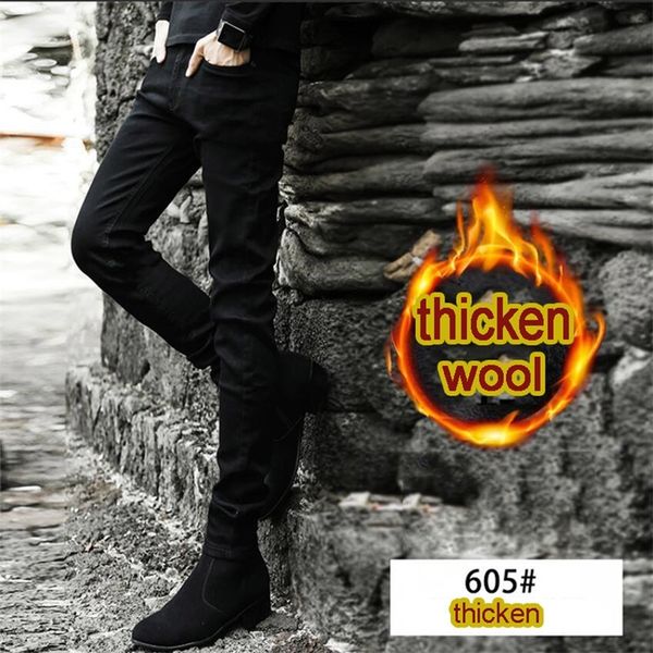 Autunno inverno moda uomo stretch più velluto addensare jeans piedi da uomo nero coreano pantaloni skinny matita stivali da uomo jeans 201128