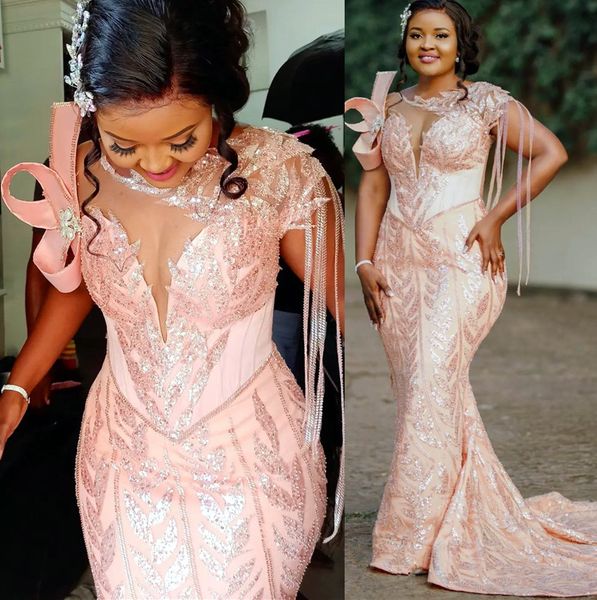 

2022 plus size arabic aso ebi mermaid luxurious pink prom dresses sheer neck evening formal party second reception birthday engagement gowns, Black