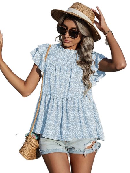 

leopard print butterfly sleeve peplum c5yb#, White