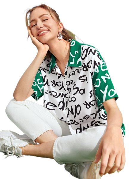 

letter graphic drop shoulder blouse u3kk#, White