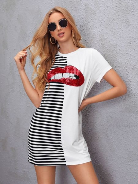 

sequin lip stripe print tee dress j1ew#, Black;gray