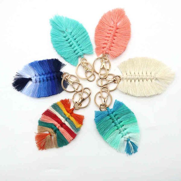 

factory outlet new hand woven cotton rope tassel key chain leaf pendant multicolor