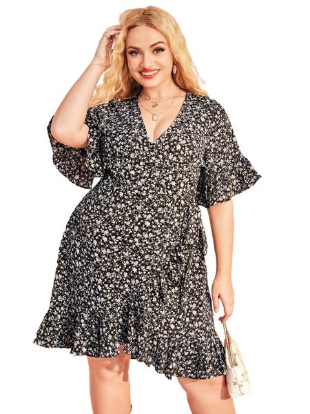 

plus knot side ditsy floral print ruffle trim wrap dress b0zn#, Black