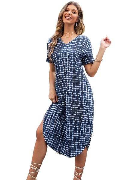 

allover print v neck curved hem dress 886x#, Black;gray