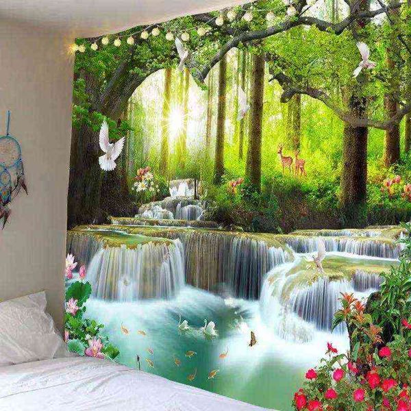 Beautiful Nature Tappeti da parete Foresta Cascata Percorso Paesaggio Boho Decor Decorazione della casa Grande tessuto Mandala Tende bohémien J220804