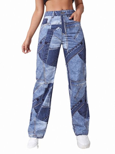 

patchwork print wide leg jeans f09n#, Blue