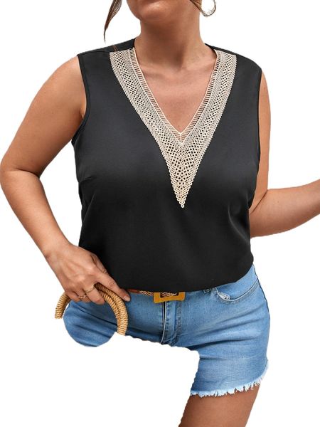 

plus contrast guipure lace sleeveless blouse 47m3#, Black
