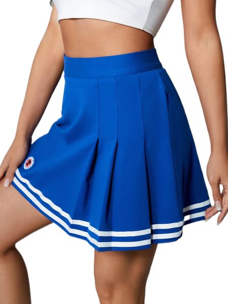 

high waist patched striped pleated skirt s96v#, Black