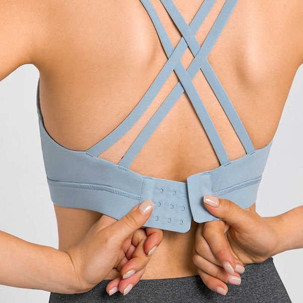 

cross shoulder strap women tank yoga sports bra back three row buckle underwear shockproof upper support training fitness gym clothes, White;red