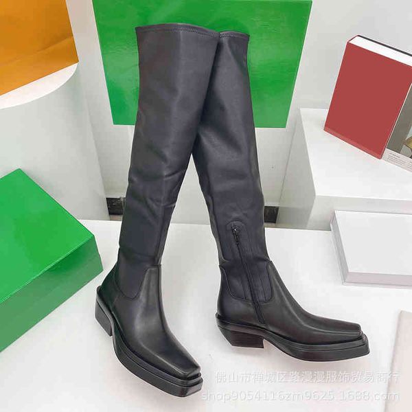 

boots autumn and winter legged elastic boots side zipper shows that the legs are thinner than knee, square head thin leg boots,, Black