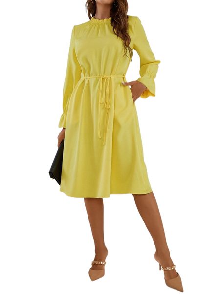 

frill trim flounce sleeve belted dress k2cy#, Black;gray