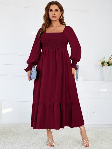 

plus square neck shirred flounce sleeve ruffle hem dress y5tt#, Black