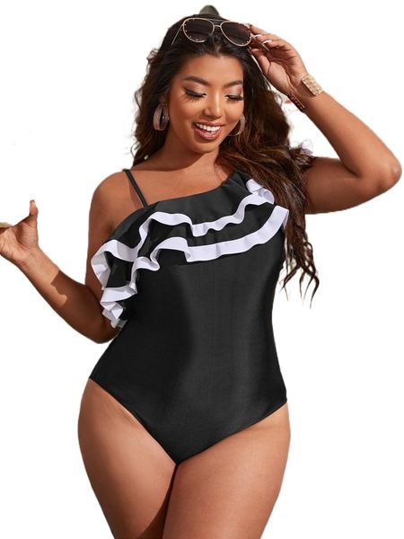 

plus asymmetrical neck ruffle trim one piece swimsuit e197#, White;black