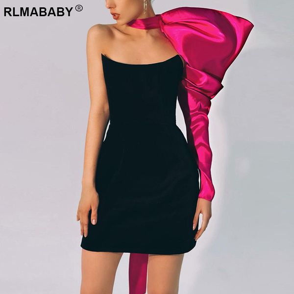 

elegant women one shoulder sleeve bow crop and strapless mini bodycon dress 2 piece set summer backless party dress, Black;gray