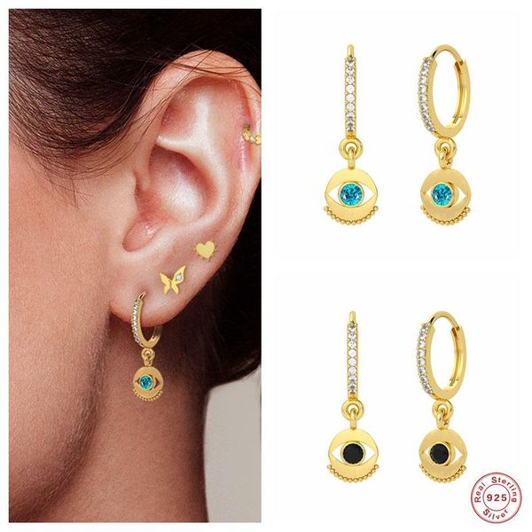 

hoop & huggie aide 925 sterling silver black blue zircon eye shape pendant earrings for women luxury bohemian pave crystal circle earringhoo, Golden;silver