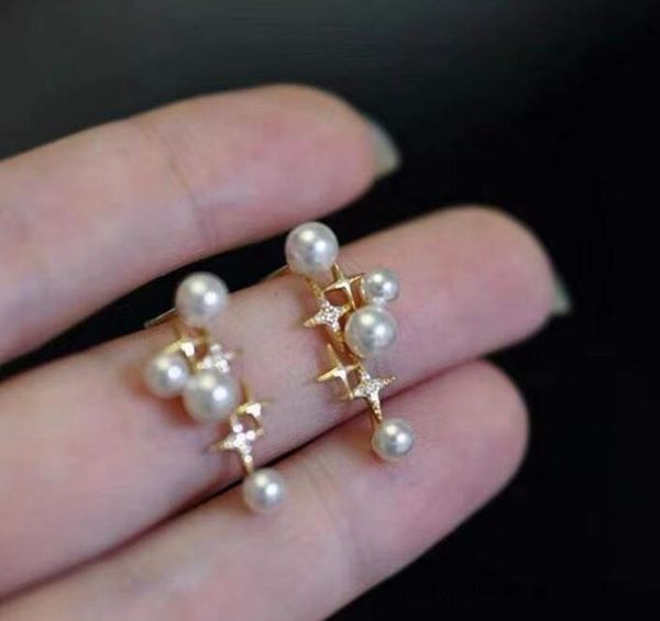 

14k gold plating zircon stars are shining ear studs natural freshwater pearl earrings white lady/girl fashion wedding jewelry, Golden;silver