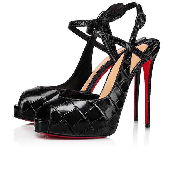 

fashion perfect women sandal red bottoms pumps jenlove alta 120mm elegant lady peep toes fish mouth slingback sling matte striped leather sa, Black