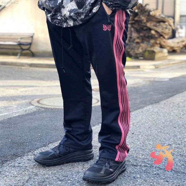 

needles track pink striped ribbon butterfly embroidery sportswear trousers oversize men's women's clothes awge suit, Black