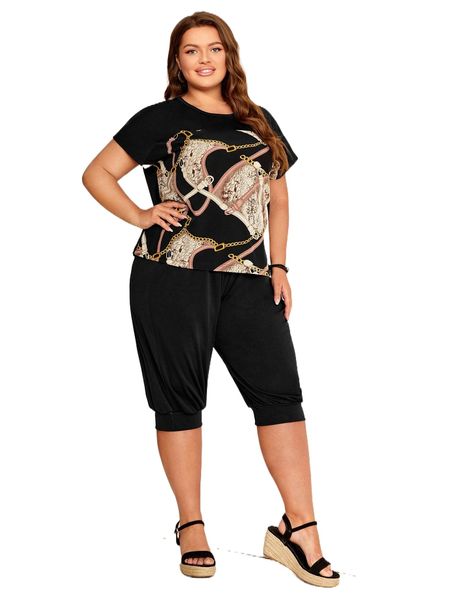 

emery rose plus chain print tee & pants u6ah#, Black
