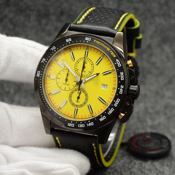 

fly watches chronograph quartz japan movement black case mens watch watch yellow dial leather rubber strap new model men wristwatches, Slivery;brown