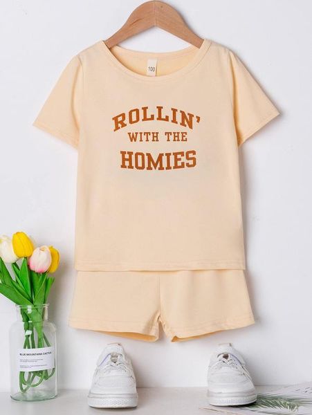 

toddler girls slogan graphic tee & shorts she, White