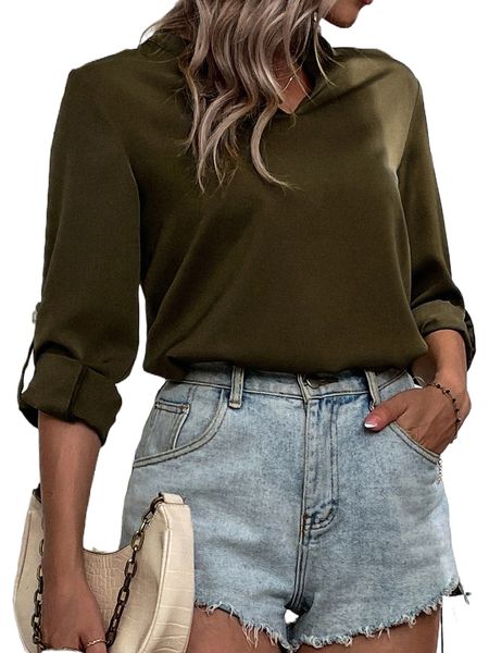 

solid notched neck blouse k7qs#, White