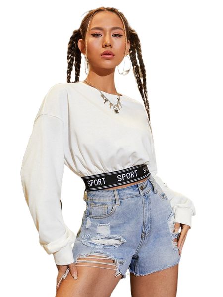 

letter tape waist drop shoulder sweatshirt q0c9#, Black