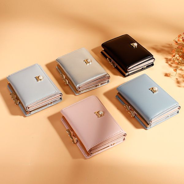 

purses korean version of the new clip zero wallet creative multi-function versatile pearl clip women's short three fold wallets, Red;black
