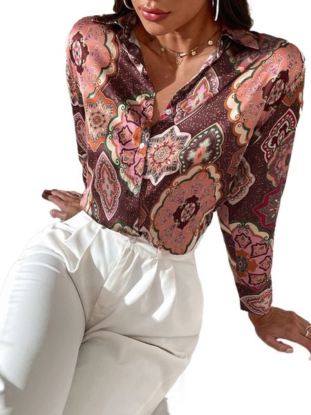 

floral print button up satin blouse g1vs#, White