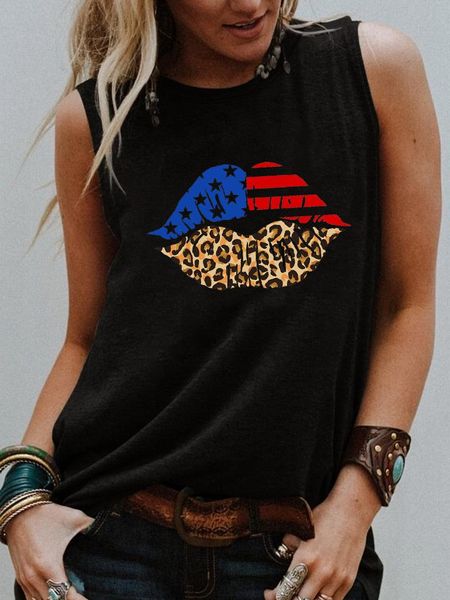 Tanques femininos Camis American Flag Lips Lips Leopard Top Top Independence Dia da moda Trendy Summer Style Sleevele Camisa feminina Moda Casual Vintage T