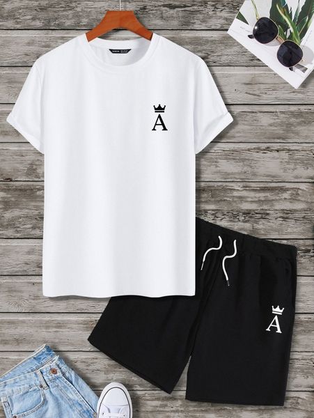 

men crown & letter graphic tee & drawstring shorts v4dr#, Gray