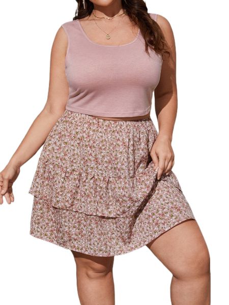 

plus crop tank & ditsy floral ruffle layered hem skirt c1f0#, Black