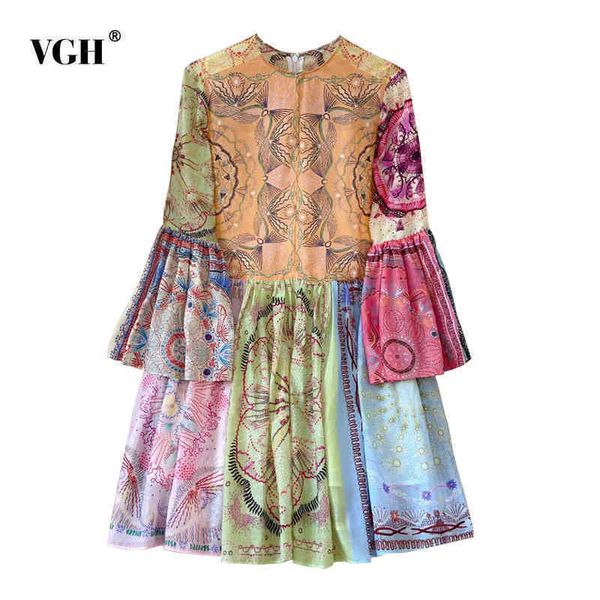 

bohemian loose print dress for women o neck flare sleeve hit color midi casual dresses female clothing fashionable 210507, Black;gray