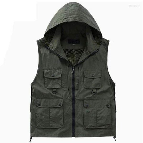 Gilet da uomo Gilet tattico con cappuccio Multi tasca Taglie forti Uomo casual Capispalla verde militare nero Maschile Phin22