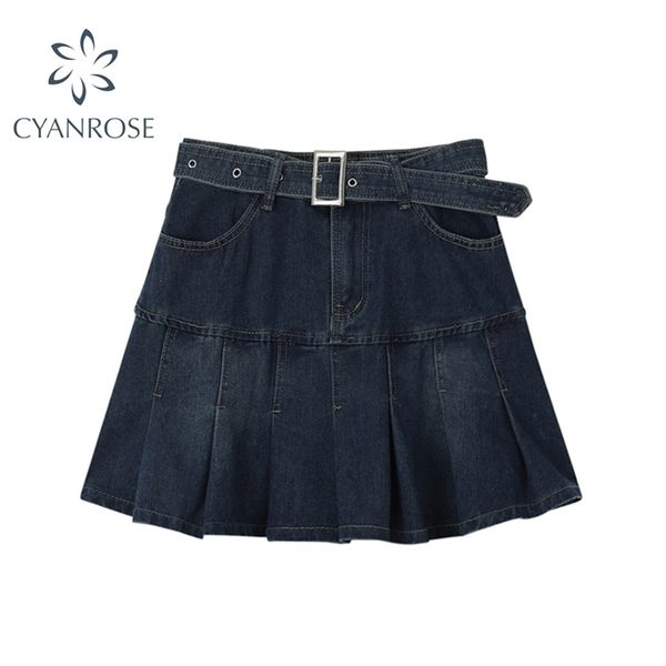 

y2k high waist denim mini pleated skirts with belt women summer fashion retro a line skirt korean ins female casual 220401, Black