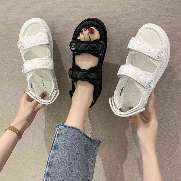 

women summer sports sandals thick-soled increased plaid roman shoes with casual roundtoe comfortable felmale flat sandals y220607, Black