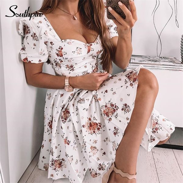 

southpire bohe flower print white women s short puff sleeve zipper mini sundress elegant summer dress ladies clothing 220613, Black;gray