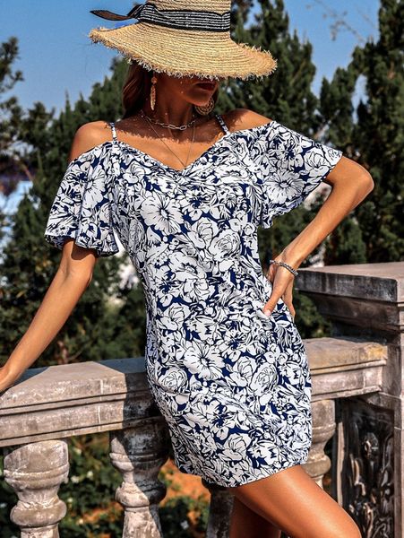 

allover floral print cold shoulder flutter sleeve tunic dress f0nw#, Black;gray