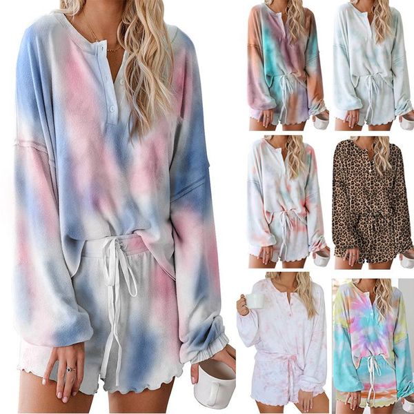 

14colors lady tie-dye pajamas women home service two piece suit female shorts long sleeved casual set outfits tracksuit, White