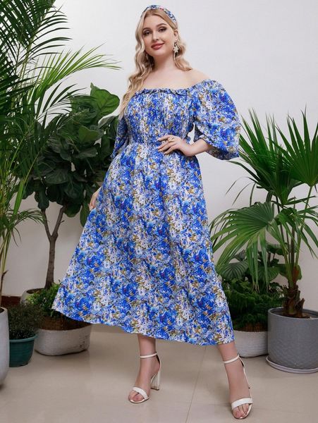 

plus allover floral print off shoulder shirred dress x5l8#, Black