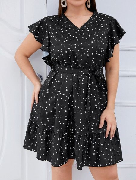 

plus star print butterfly sleeve ruffle hem belted dress y0xl#, Black