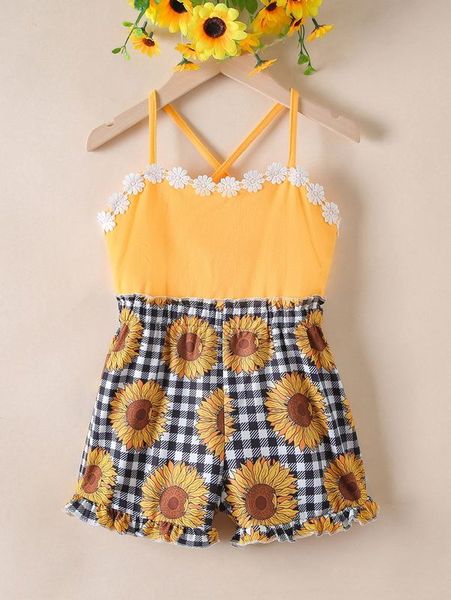 

toddler girls gingham & floral print appliques cami romper she, Blue