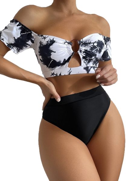

tie dye ring linked bikini swimsuit 90a6#, White;black