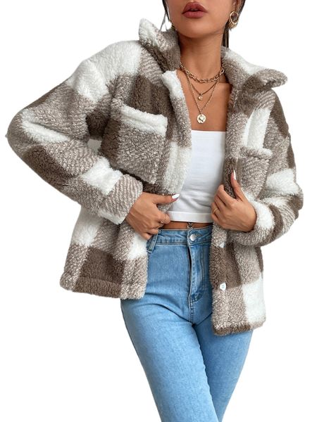 

petite buffalo plaid dual pocket drop shoulder teddy coat l5rj#, Black
